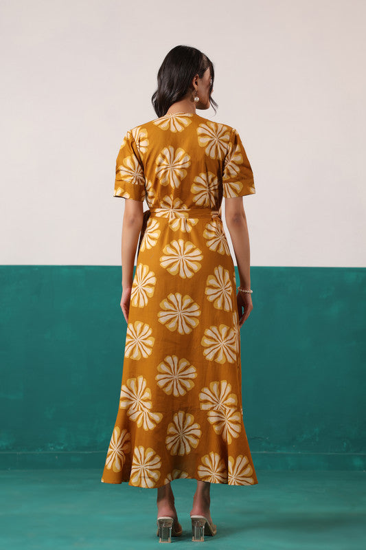 Mustard Sunflower Bloom Printed Cotton Tie-Up Wrap Dress
