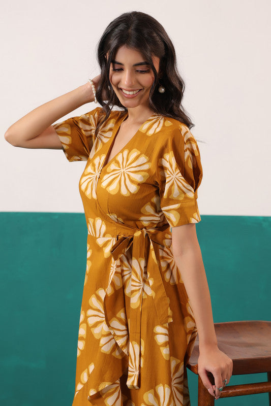 Mustard Sunflower Bloom Printed Cotton Tie-Up Wrap Dress