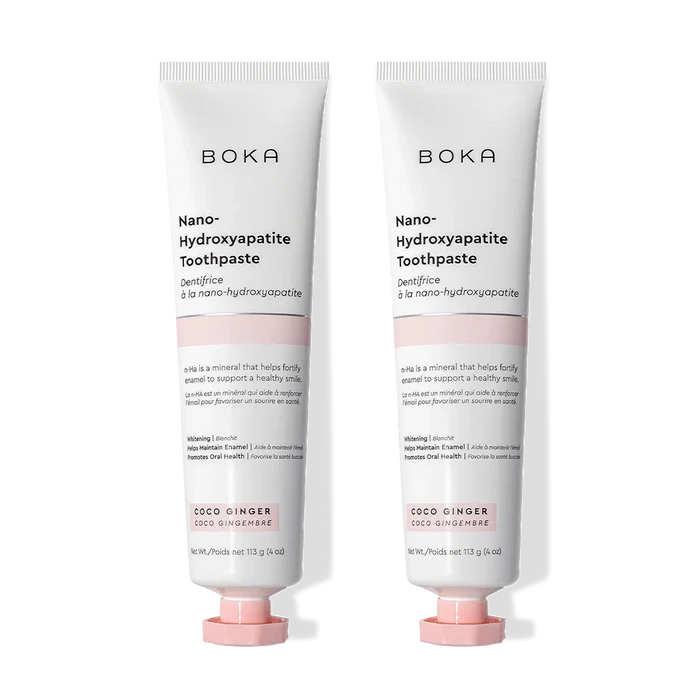 Two tubes of n-Ha Toothpaste 2-Pack in Coco Ginger flavor, great for tooth remineralization.