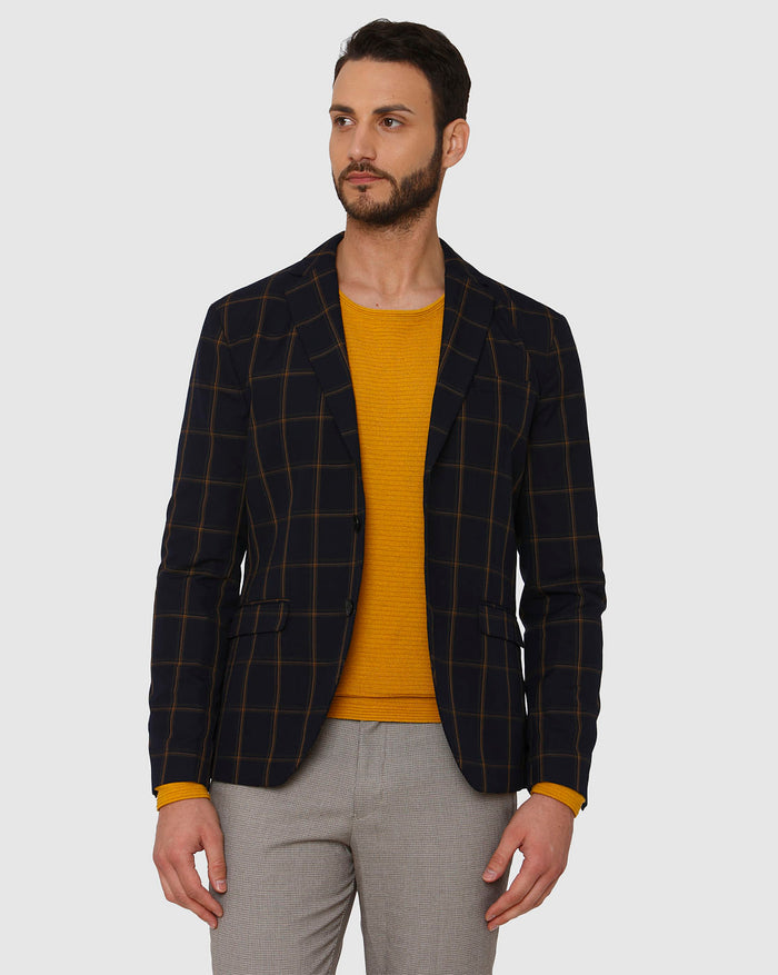 Navy Blue Checks Double Button Slim Fit Blazer