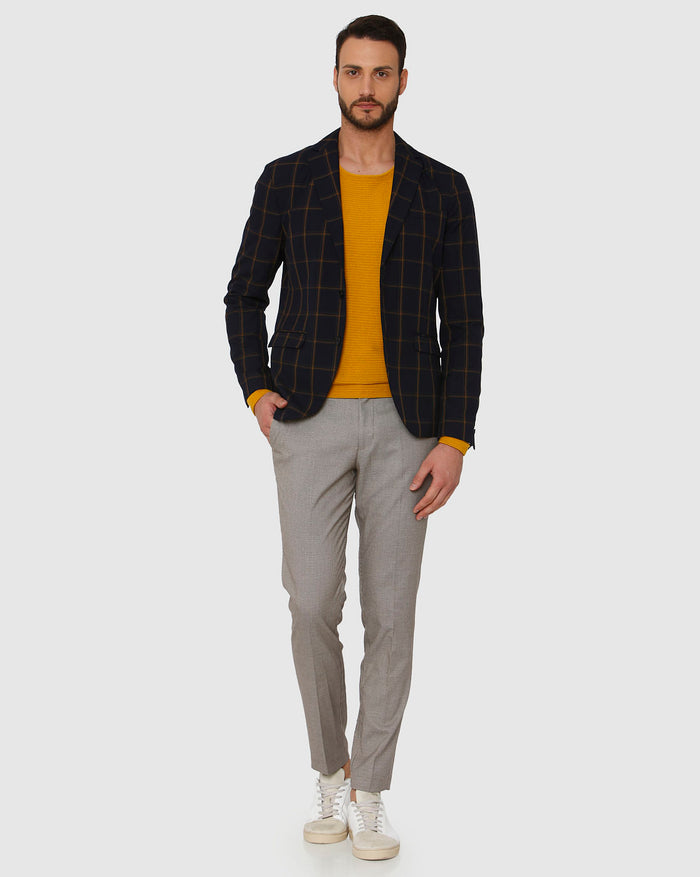 Navy Blue Checks Double Button Slim Fit Blazer