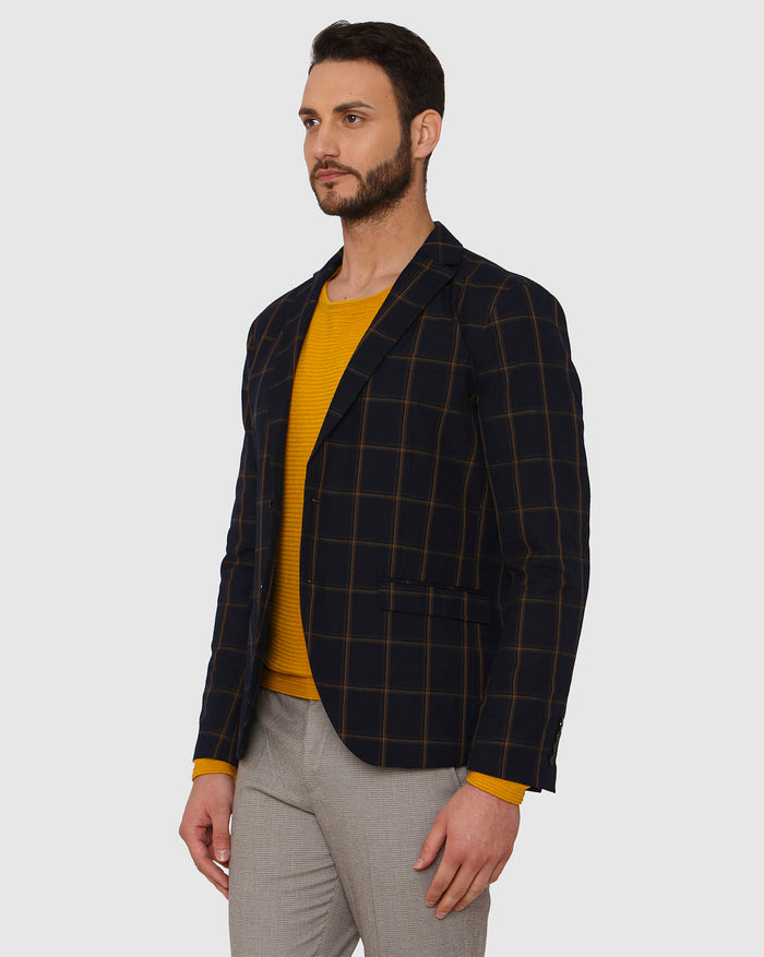 Navy Blue Checks Double Button Slim Fit Blazer