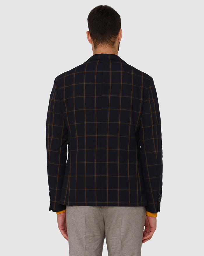 Navy Blue Checks Double Button Slim Fit Blazer