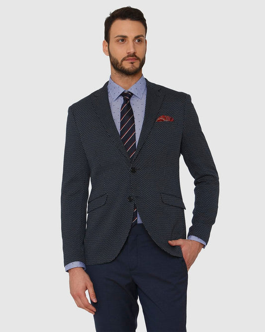 Navy Blue Dotted Double Button Slim Fit Blazer
