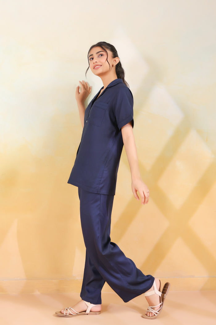 Navy Blue Solid Cotton Short Sleeve Shirt Button-Down Night Suit Set