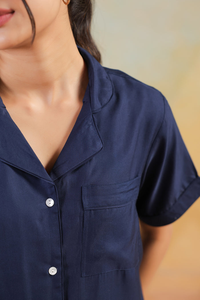 Navy Blue Solid Cotton Short Sleeve Shirt Button-Down Night Suit Set