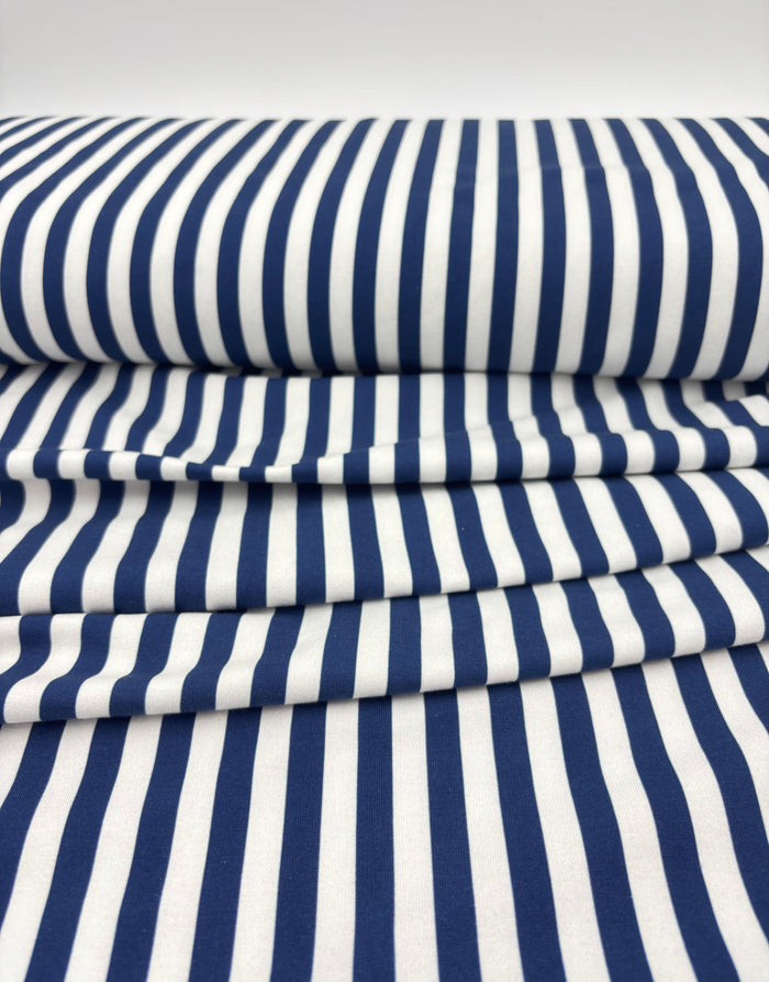 Navy & White Stripe Cotton Jersey Fabric