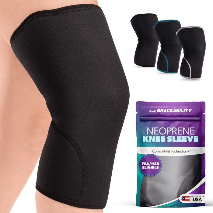 Relieve arthritis and knee pain with a BraceAbility neoprene compression sleeve. Closed-patella warmth supports cross-training.