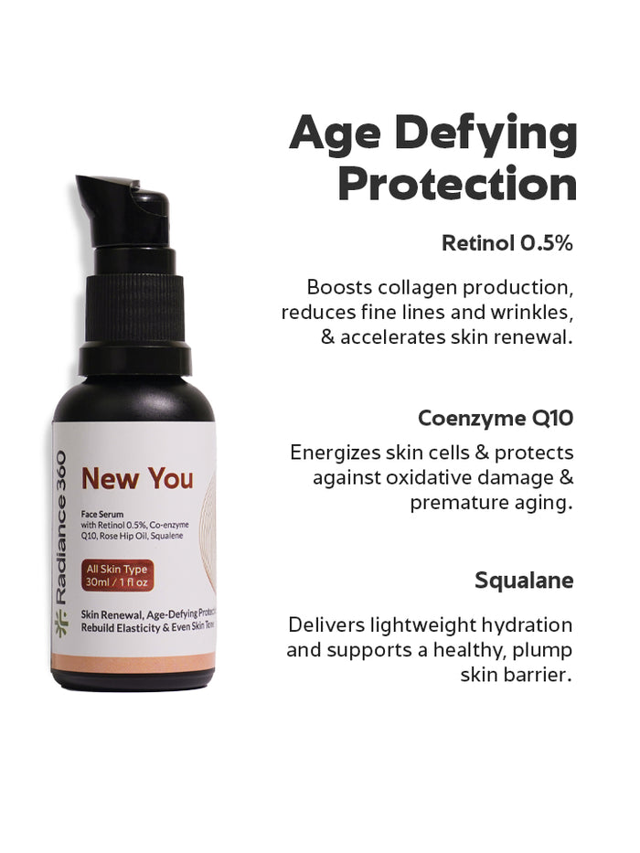 Skincare serum bottle with text detailing ingredients and benefits on a white background
