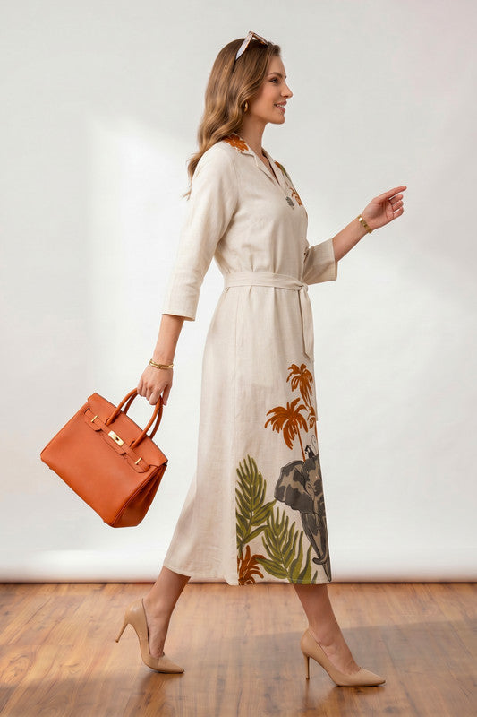 Off-White Elephant & Palm Tree Printed Belted Cotton Flex Midi Dress