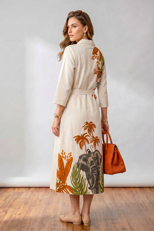 Off-White Elephant & Palm Tree Printed Belted Cotton Flex Midi Dress