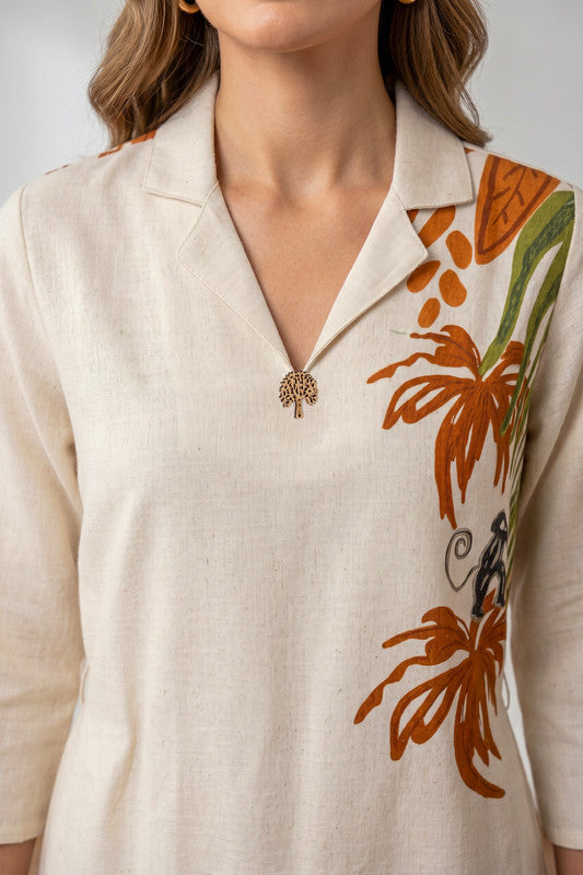 Off-White Elephant & Palm Tree Printed Belted Cotton Flex Midi Dress