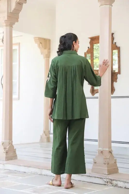 Olive Horse Embroidered Cotton Flex Co-ord Set