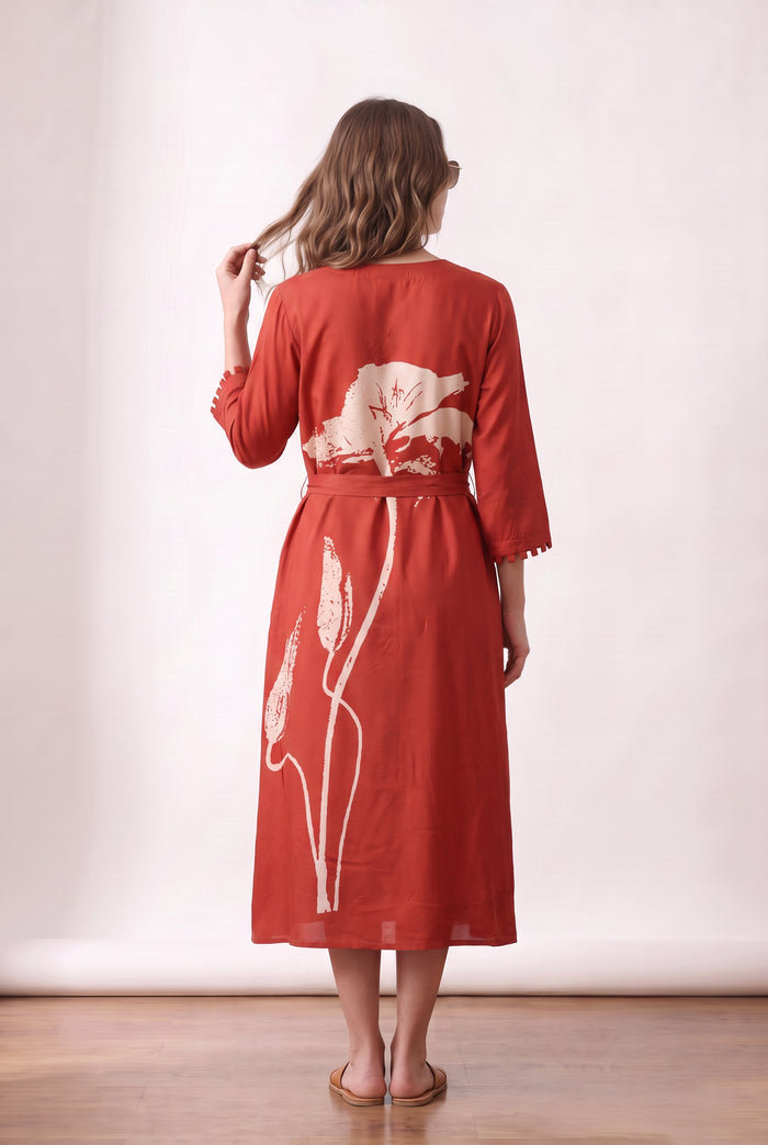 Orange Floral Printed Midi Russian Silk Dress
