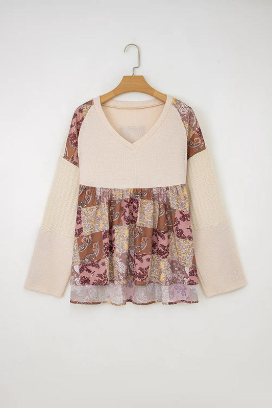 Paisley Print Contrast Patchwork Long Sleeve Loose Top - Tops/Tops & Tees