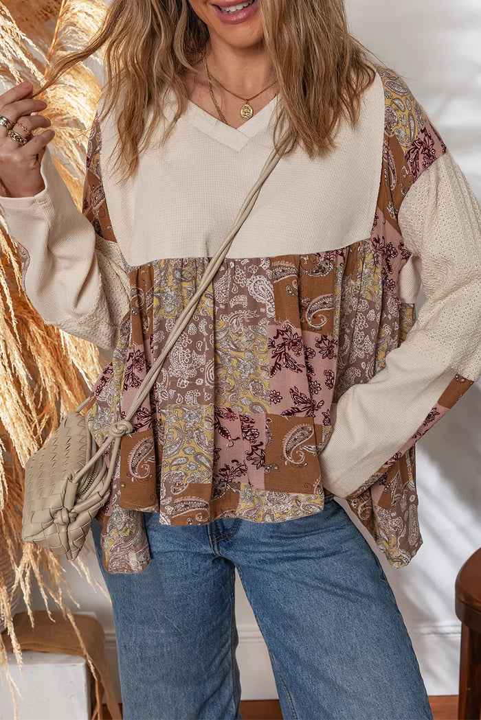 Paisley Print Contrast Patchwork Long Sleeve Loose Top - Beige / S - Tops/Tops & Tees