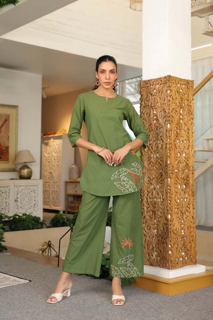 Palm Olive Embroidered Cotton Co-ord Set