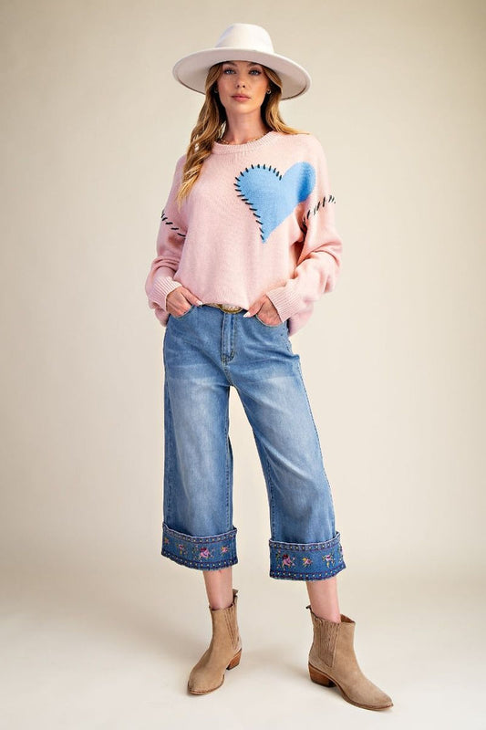 PANTS EMBO HEM WASHED STRETCH DENIM