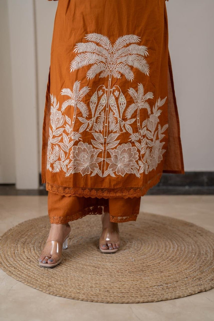 Paro Embroidered Luxe Cotton Set- Rust