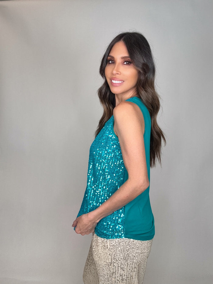 Style the Peacock Blue Sequin Tank Top exclusively at Born To Glam