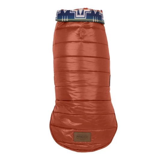 Brown dog coat with patterned collar on a white background