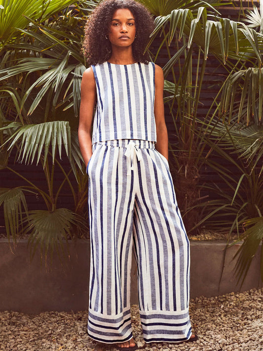 Petite Blue Stripe Linen Blend Trousers