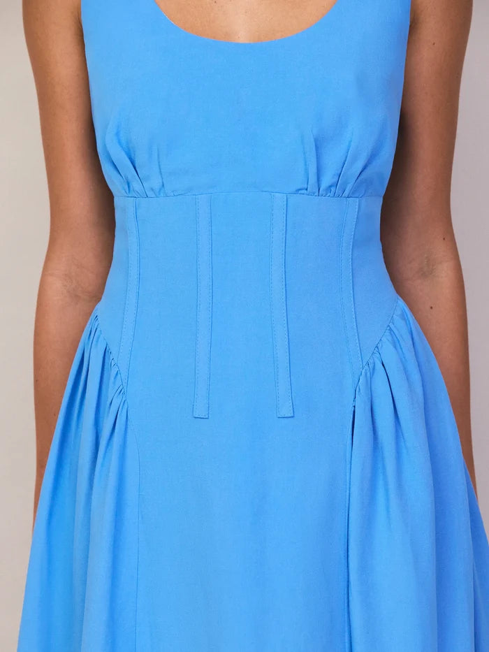 Blue Waist Detail Dress With Linen