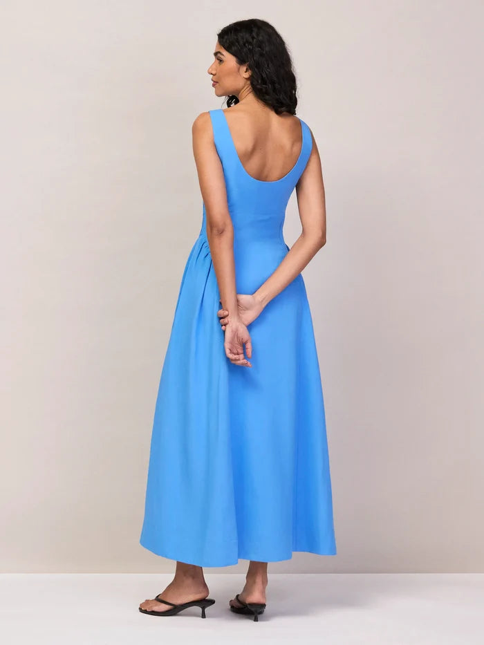 Blue Waist Detail Dress With Linen