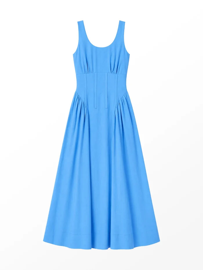 Petite Blue Waist Detail Dress With Linen