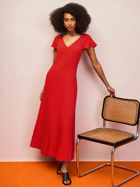 Red flutter sleeve linen blend maxi dress