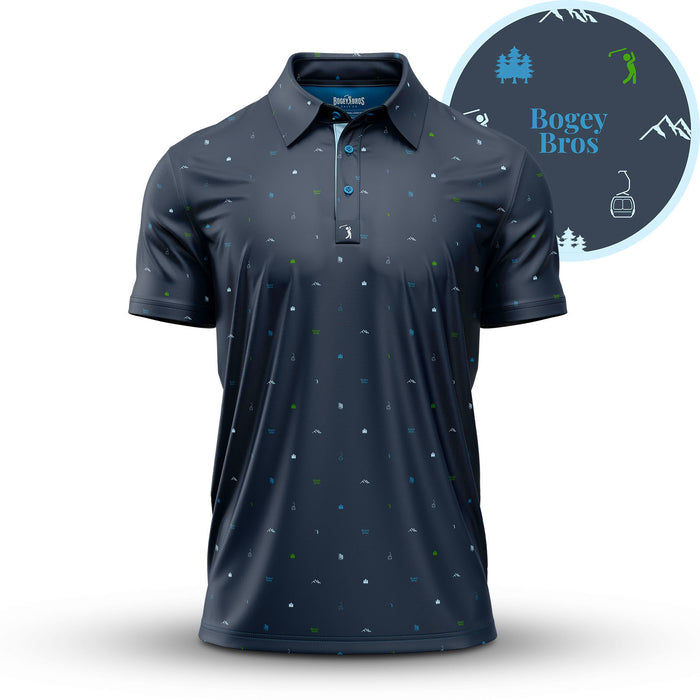 The Pine - Polo is a dark blue, athletic-fit short-sleeve polo with green, blue, and white icon prints. It features a button placket, collar, moisture-wicking fabric, and an inset “Bogey Bros” patch with golf and nature icons on blue.