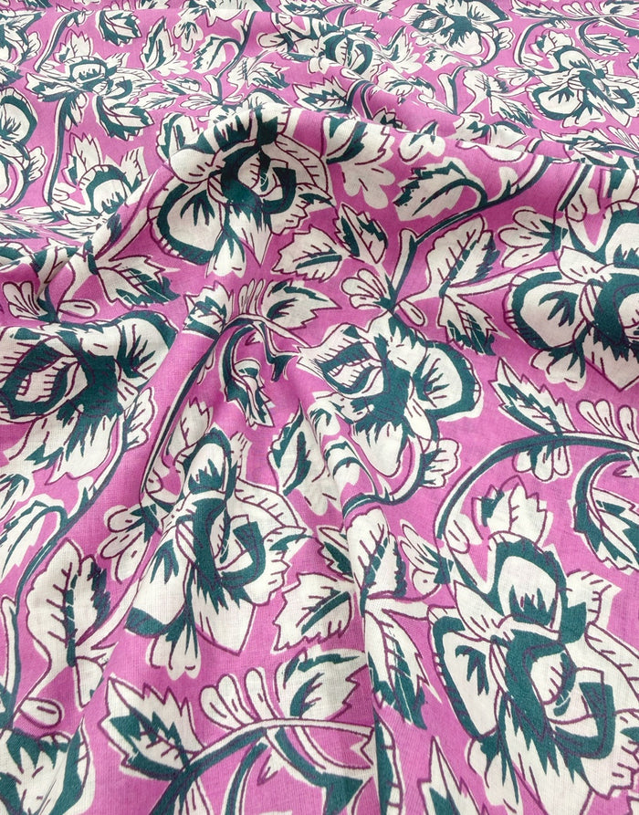 Pink Bel Floral, Indian Block Print Cotton Fabric