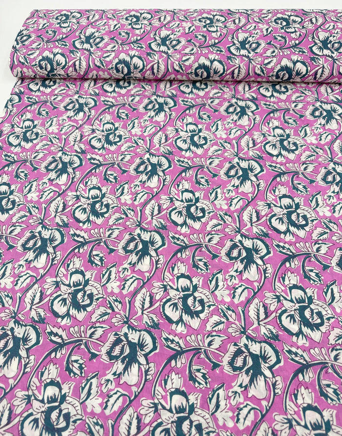 Pink Bel Floral, Indian Block Print Cotton Fabric