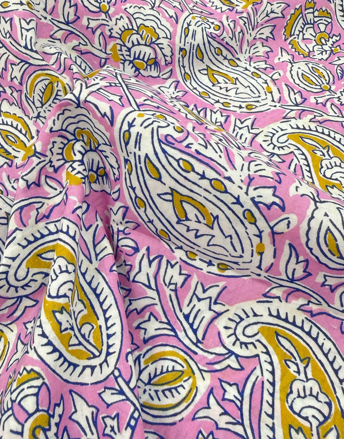 Pink Bel Paisley, Indian Block Print Cotton Fabric