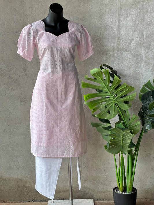 Pink hakoba cotton kurti pant set