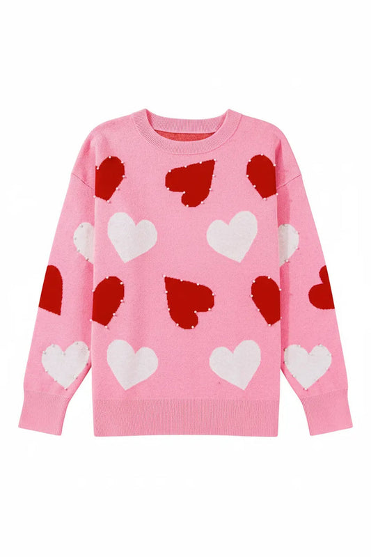 Pink Pearl Embellished Heart Pattern Sweater - Sweaters & Cardigans/Sweaters