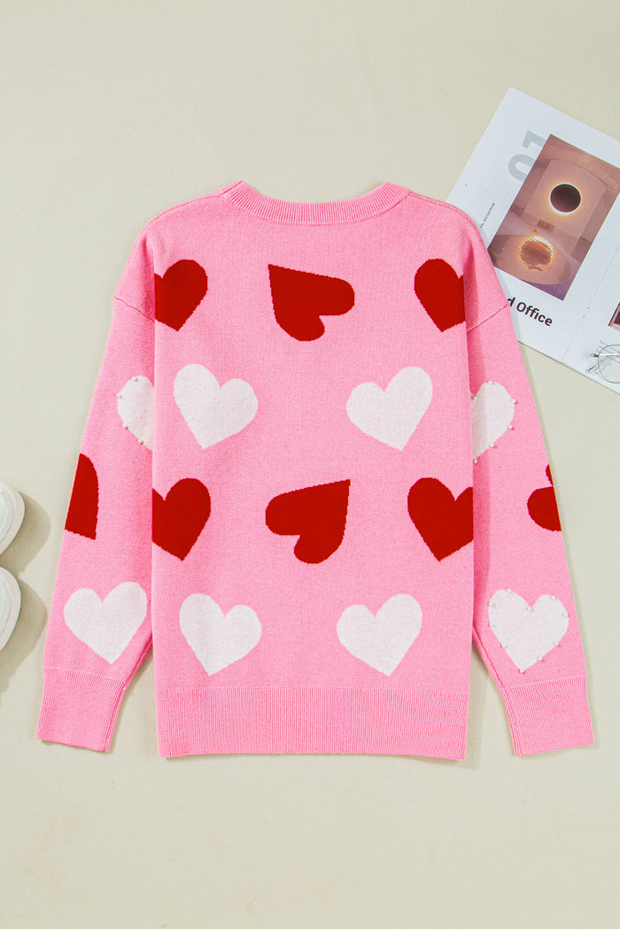 Pink Pearl Embellished Heart Pattern Sweater - Sweaters & Cardigans/Sweaters