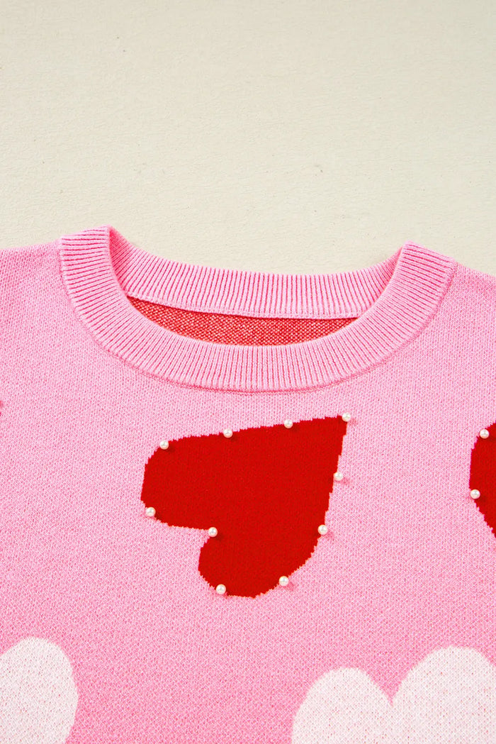 Pink Pearl Embellished Heart Pattern Sweater - Sweaters & Cardigans/Sweaters
