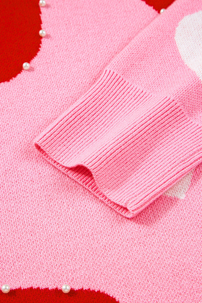 Pink Pearl Embellished Heart Pattern Sweater - Sweaters & Cardigans/Sweaters