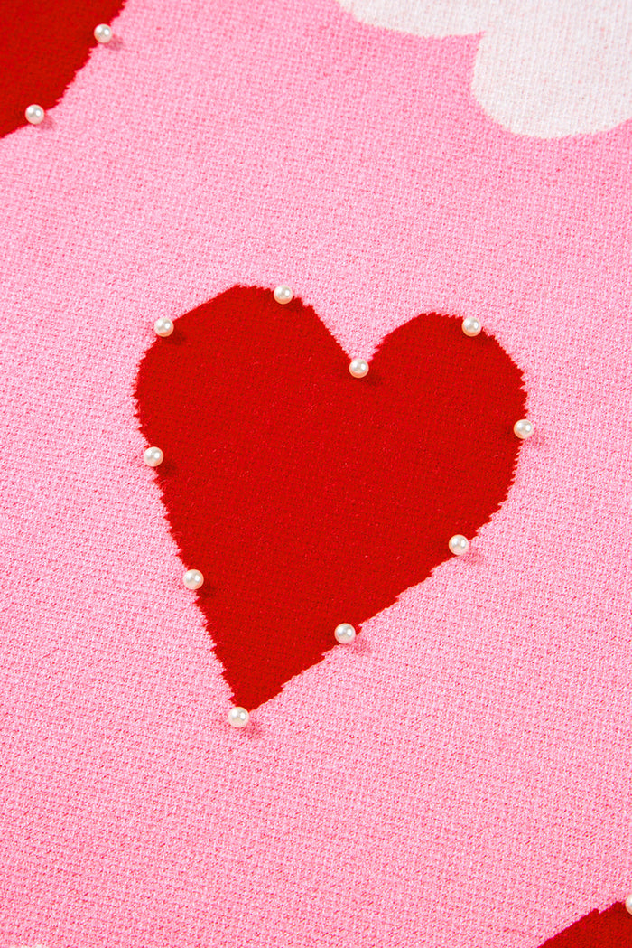 Pink Pearl Embellished Heart Pattern Sweater - Sweaters & Cardigans/Sweaters