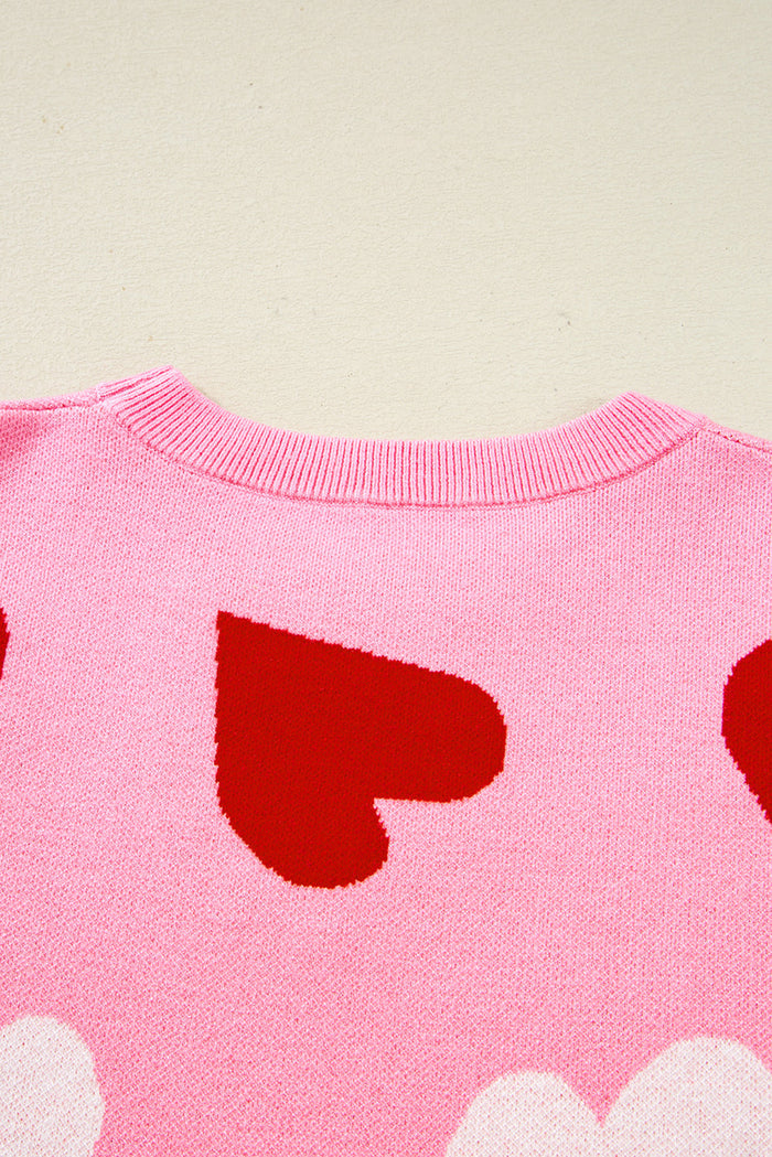 Pink Pearl Embellished Heart Pattern Sweater - Sweaters & Cardigans/Sweaters