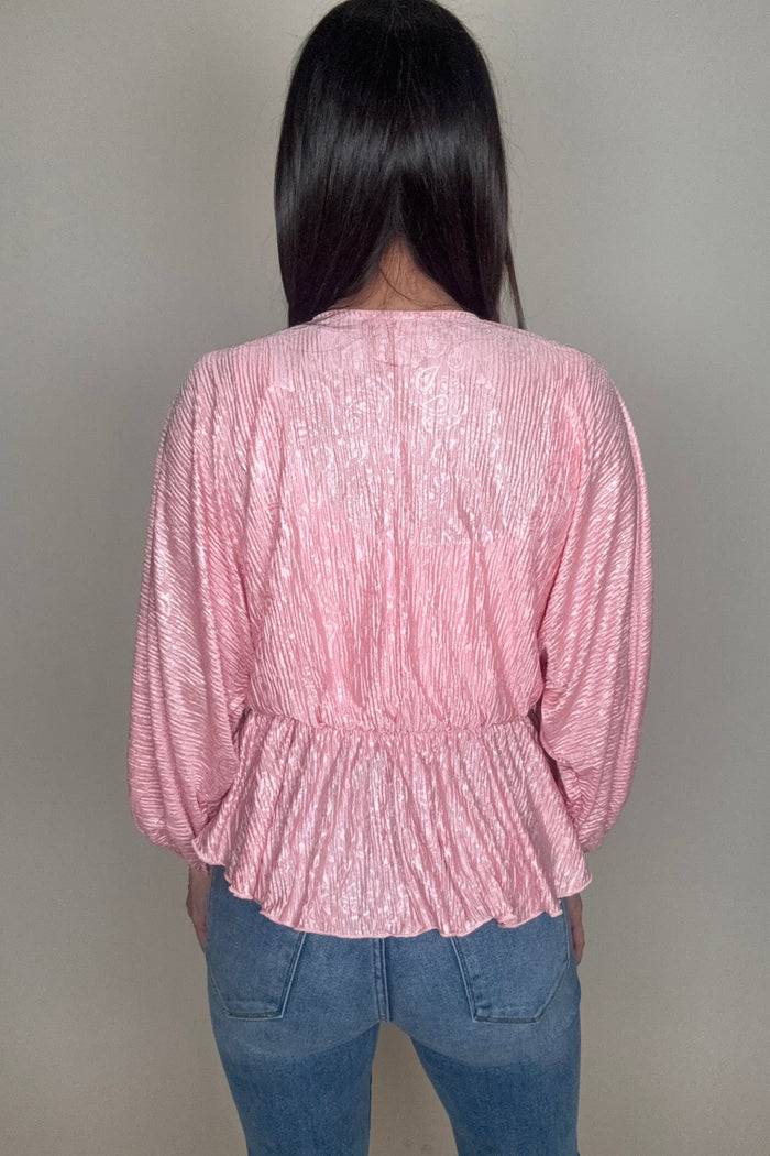 Style the Pink V Neck Crinkle Satin Top exclusively at Born To Glam