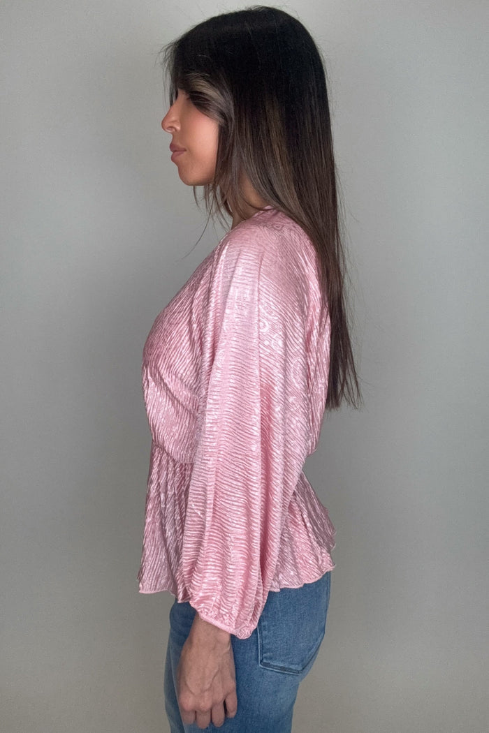 Style the Pink V Neck Crinkle Satin Top exclusively at Born To Glam