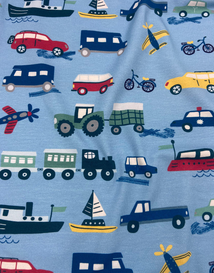 Planes, Trains & Automobiles Cotton Jersey Fabric