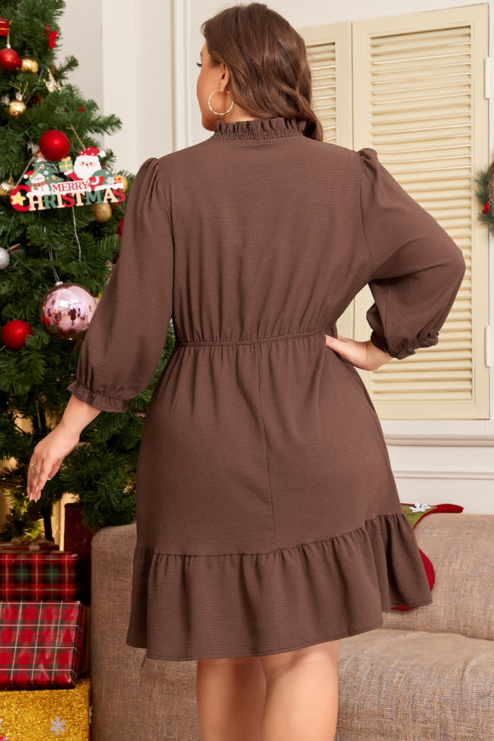 Plus Size Frilled Trim V-Neck Puff Sleeve Textured Mini Dress - Size/Plus Dresses/Plus Dresses