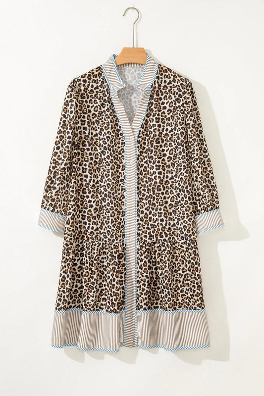 Plus Size Leopard Print Striped Trim V-Neck Drop Waist Long Sleeve Mini Dress - Brown / 1X - Size/Plus Dresses/Plus