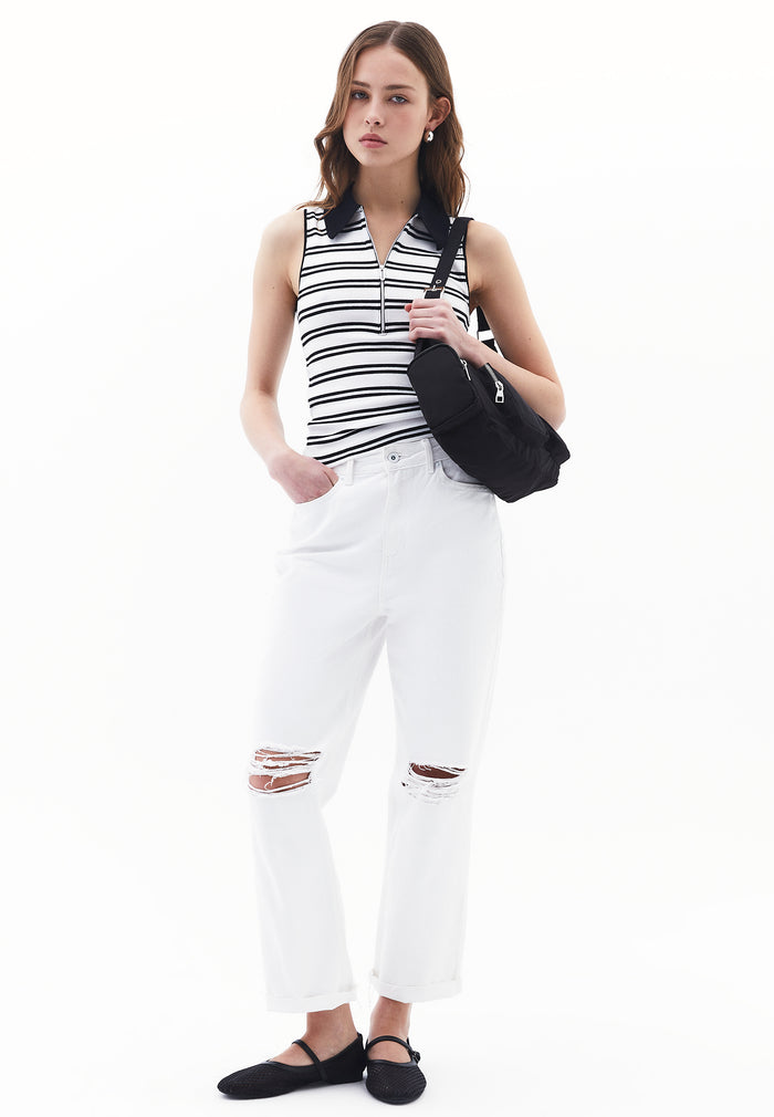 Polo Collar Tank Top - WHITE/BLACK