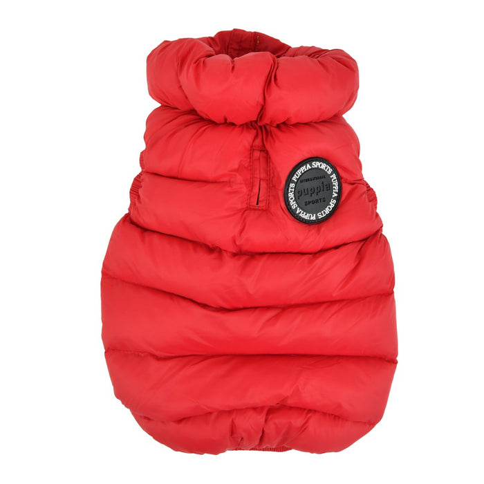Red puffer dog coat with a brand logo on a white background