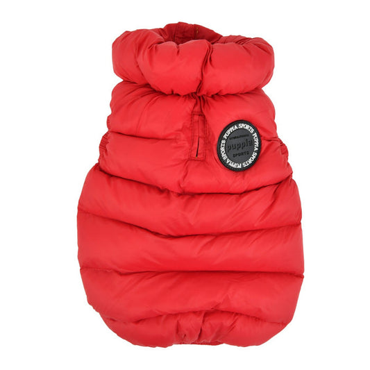 Red puffer dog coat with a brand logo on a white background