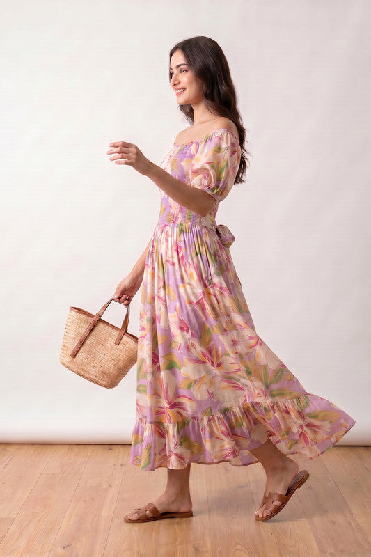 Purple Floral Tropical Bloom Smocked Printed Off-Shoulder Summer Russian Silk Dress